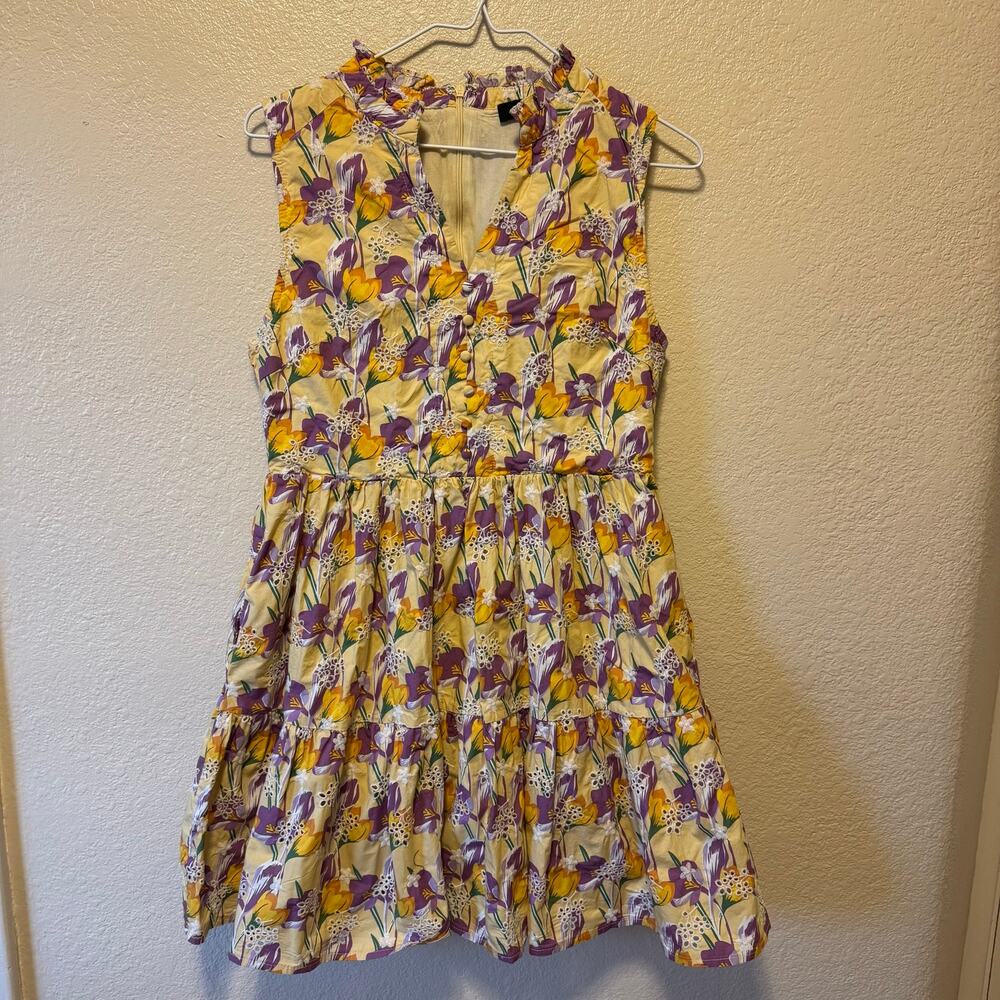 Fate Tea Time Yellow Purple Floral Eyelet Tiered Mini Dress Small